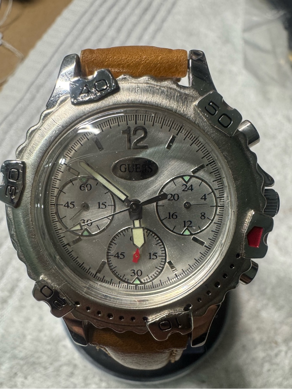 GUESS Men’s Silver Dial Chronograph Watch with Tan Leather Strap